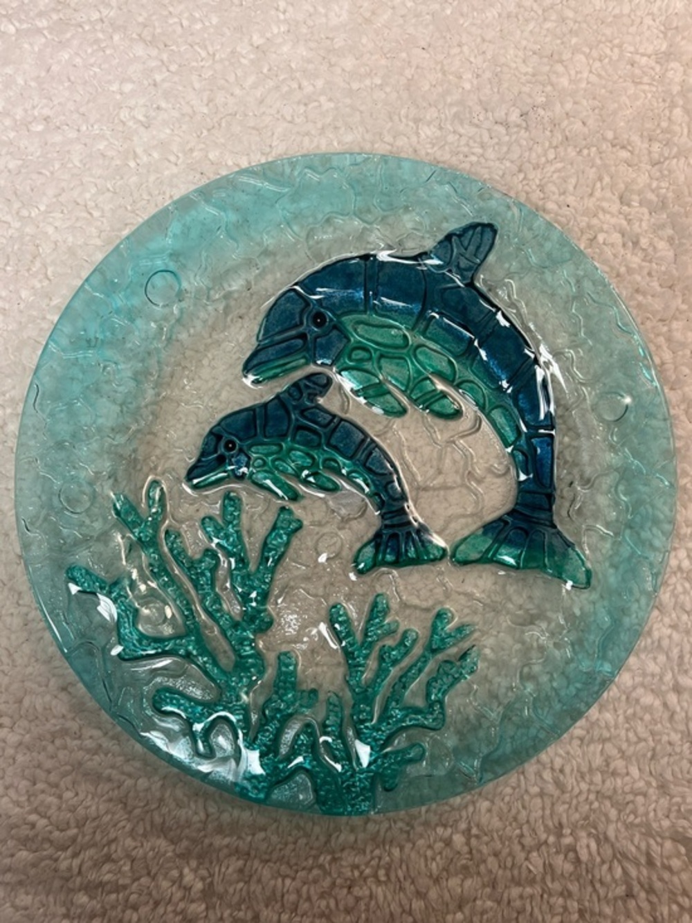 BI Handcrafted Aqua Teal Glass Dolphins Serving Plate